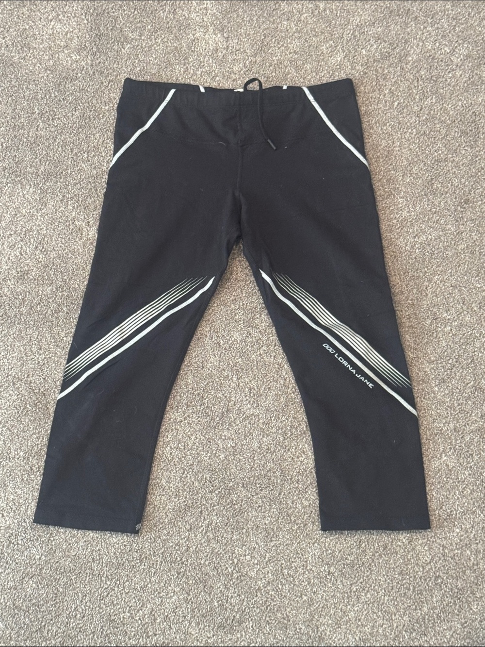 Lorna Jane Black Cropped Leggings with Silver Stripe Accents